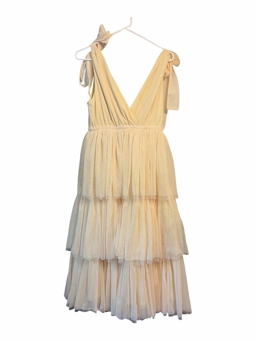 In Loom Itzel Tiered Tulle Dress Ivory Swiss Dot Tie Shoulder Midi Bridal Med - Picture 3 of 5